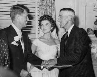 Leverett Saltonstall, Jacqueline Kennedy, and John F. Kennedy at the Kennedy`s wedding, 12 September 1953 Black and white photograph