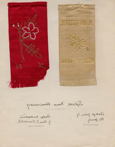 Ribbon badges (two) relating to the fiftieth Bowditch family Christmas celebrations, 1886 Manuscript and ribbons